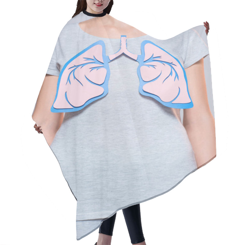 Personality  Partial View Of Woman With Paper Made Human Lungs On Grey Background Hair Cutting Cape