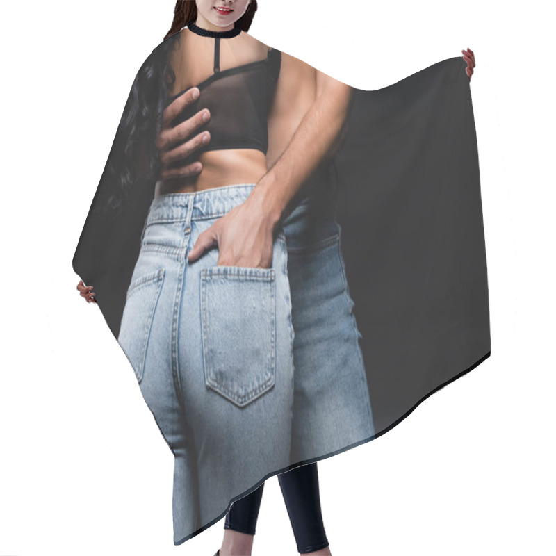 Personality  Cropped View Of Sexy Man Putting Hand In Pocket Of Jeans On Girlfriend Isolated On Black Hair Cutting Cape