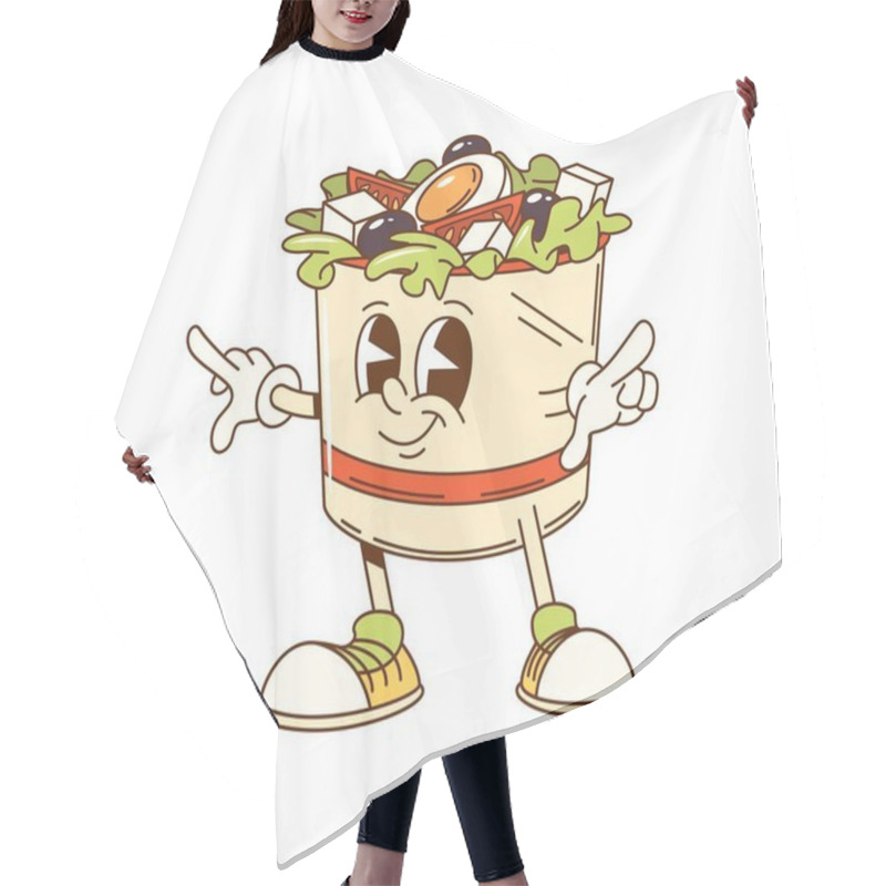 Personality  Cartoon Groovy Greek Salad Bowl Fast Food Character. Isolated Vector Playful Mediterranean Cuisine Cup Personage Filled With Ingredients Like Fresh Vegetables, Lettuce, Tomatoes, Olives And Eggs Hair Cutting Cape