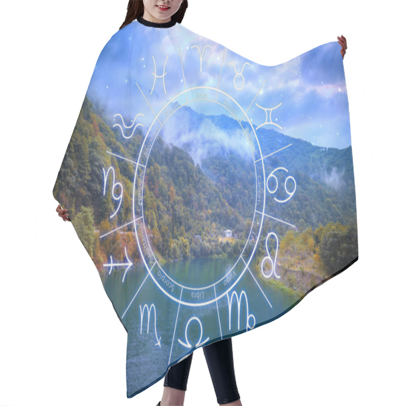 Personality  Zodiac Wheel And Beautiful View On River In Mountains Hair Cutting Cape