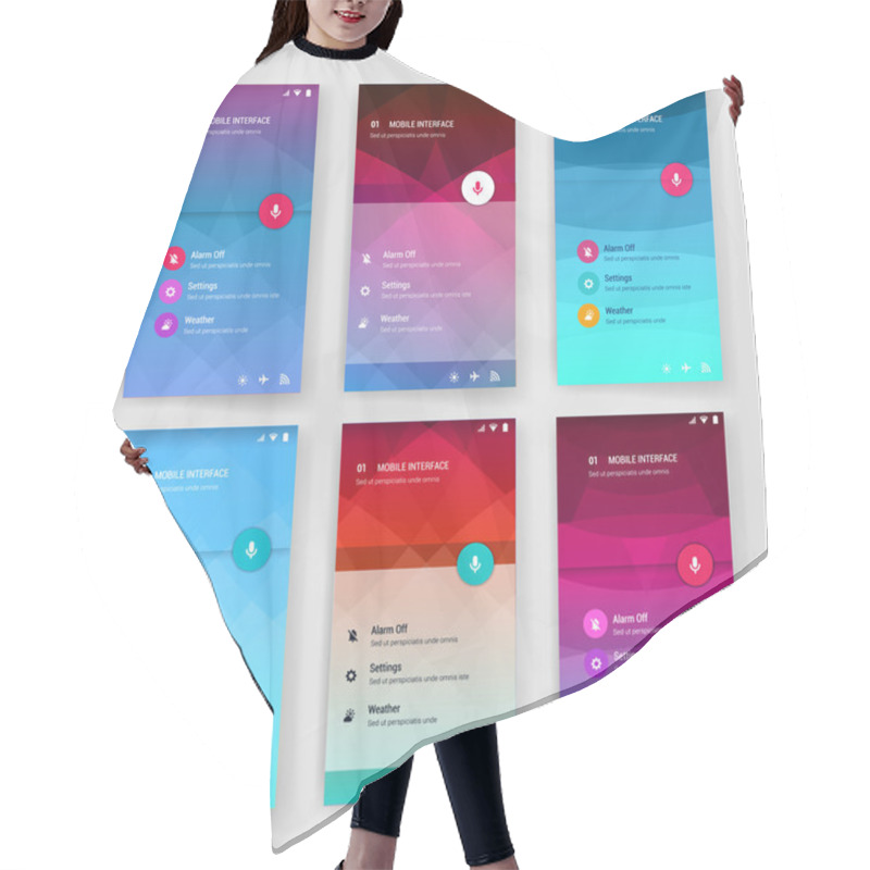 Personality  Modern User Interface Screen Template For Mobile Smart Phone Or Web Site. Transparent Blurred Material Design UI With Icons. Hair Cutting Cape