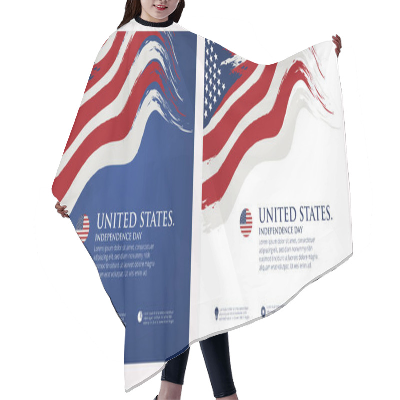 Personality  4th Of July Independence Day Poster, Banner, Flyer, Background, Template, With The Greeting, Usa Flag Waving Ribbon, Bunting Decoration, And American Famous Landmarks In The Background. Hair Cutting Cape