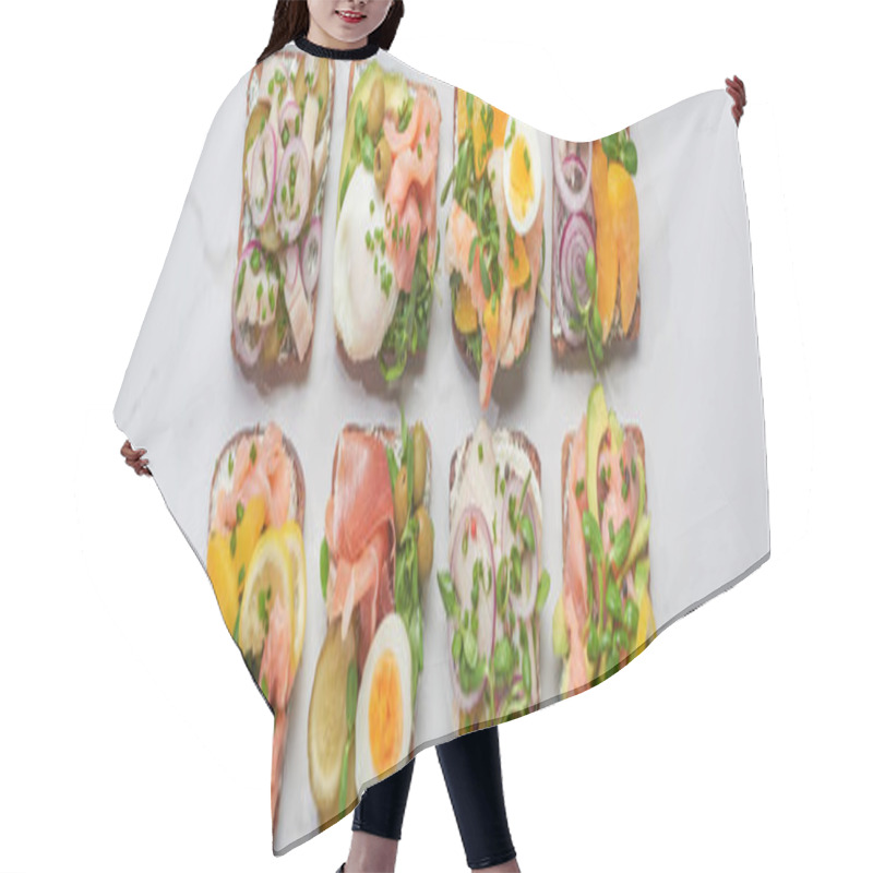 Personality  Panoramic Shot Of Fresh Danish Smorrebrod Sandwiches On White Marble Surface  Hair Cutting Cape