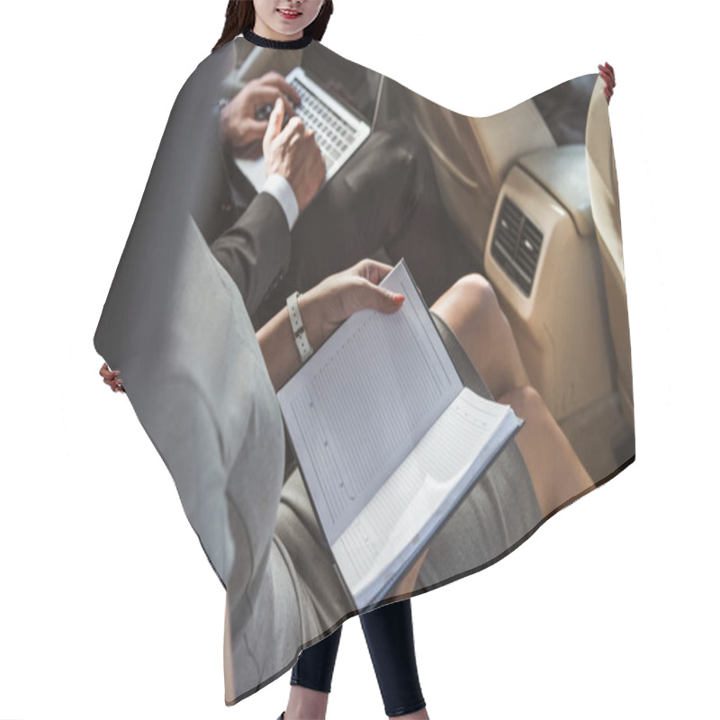 Personality  Cropped Image Businessman And Assistant Working In Car With Laptop And Notebook Hair Cutting Cape