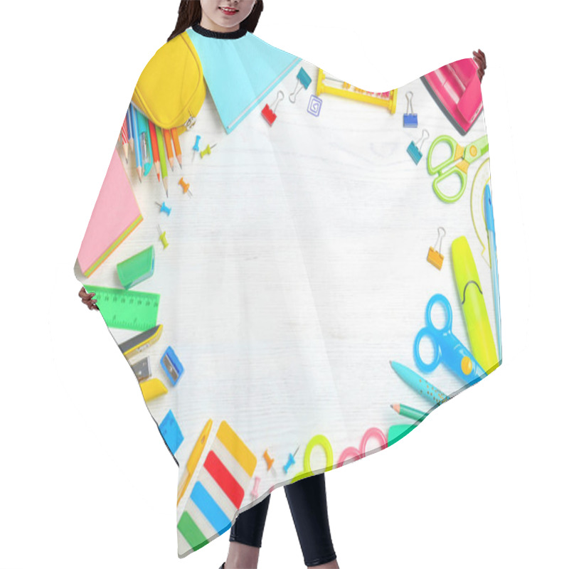 Personality  Flat Lay Composition With Different School Stationery On Wooden Background Hair Cutting Cape