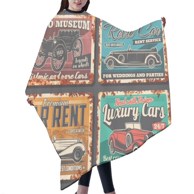 Personality  Rusty Metal Plate With Rare Retro Cars Vector. Old Antique Vehicles, Vintage Convertible Limousine, Coupe Cabriolet And Sedan. Retro Vehicles Museum, Car Rental Service Showroom Hair Cutting Cape