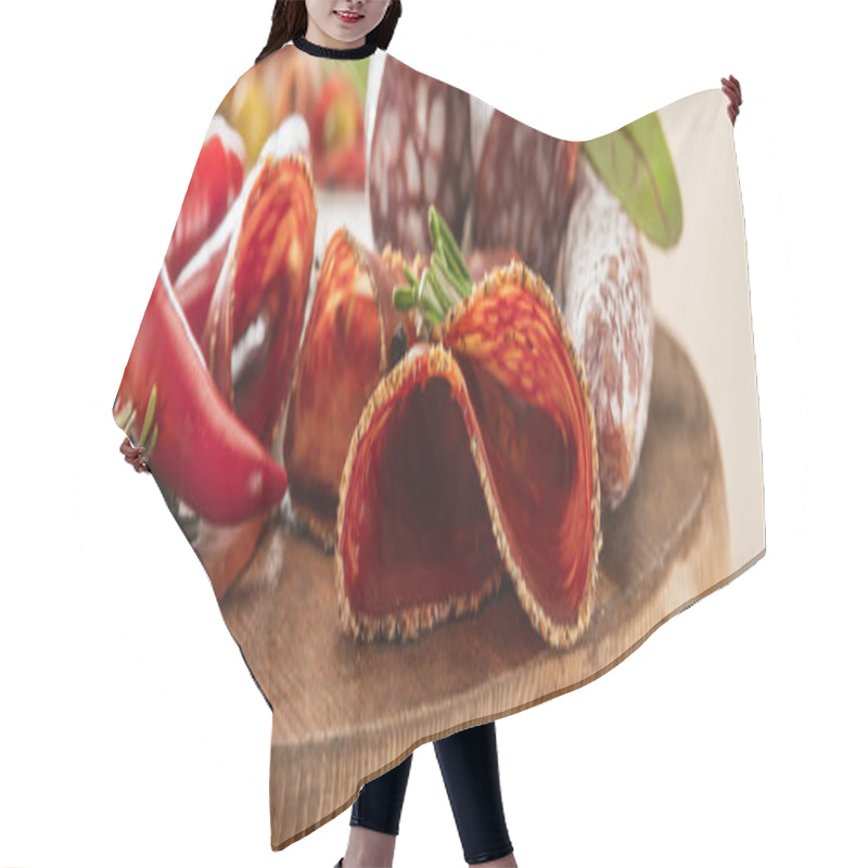 Personality  Delicious Meat Platters Served With Rosemary And Chili Pepper On Wooden Board On Beige Background, Panoramic Shot Hair Cutting Cape