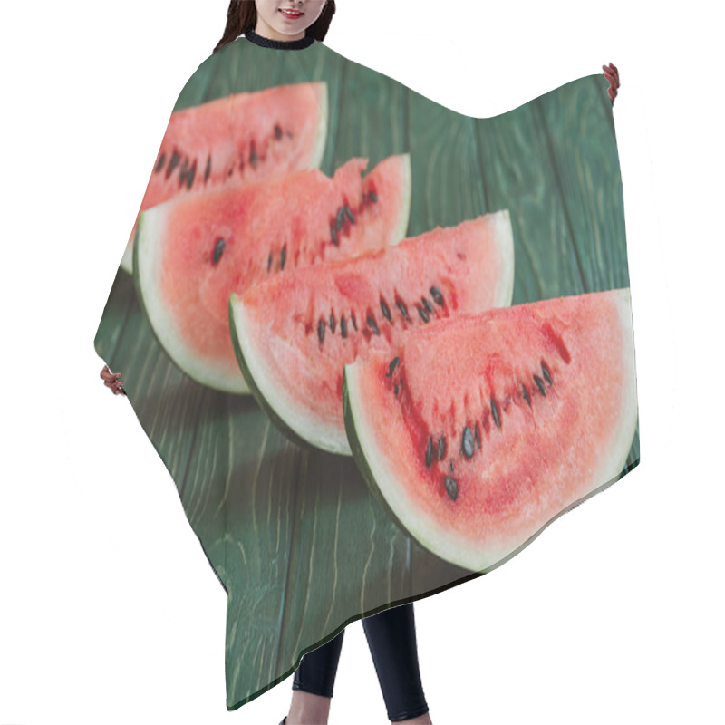 Personality  Close Up View Of Watermelon Slices On Green Wooden Surface Hair Cutting Cape