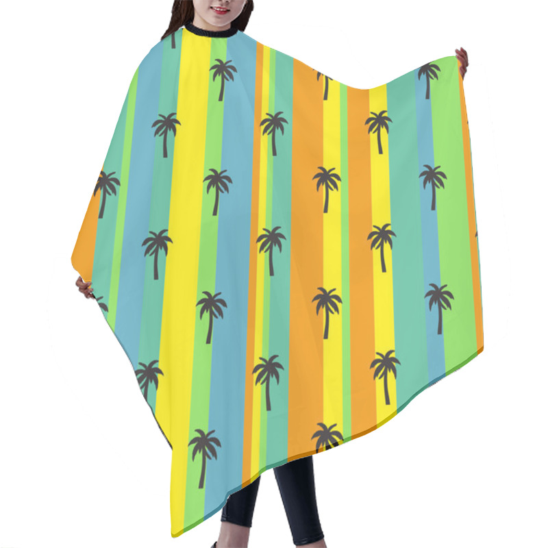 Personality  Silhouettes Of Palm Trees On A Bright Striped Background. Seamless Pattern With Vertical Stripes Of Different Colors And Widths.   Hair Cutting Cape