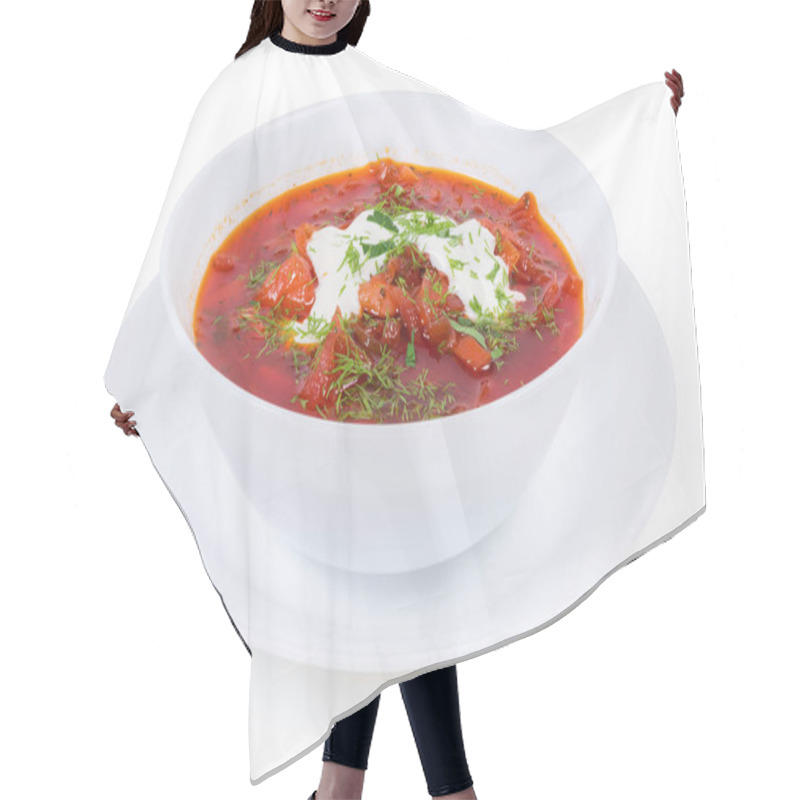 Personality  Typical Red Beetroot Borscht Seasoned With Sour Cream And Sprinkled With Fresh Chopped Herbs Served In The Bowl On A White Background Close-up Hair Cutting Cape