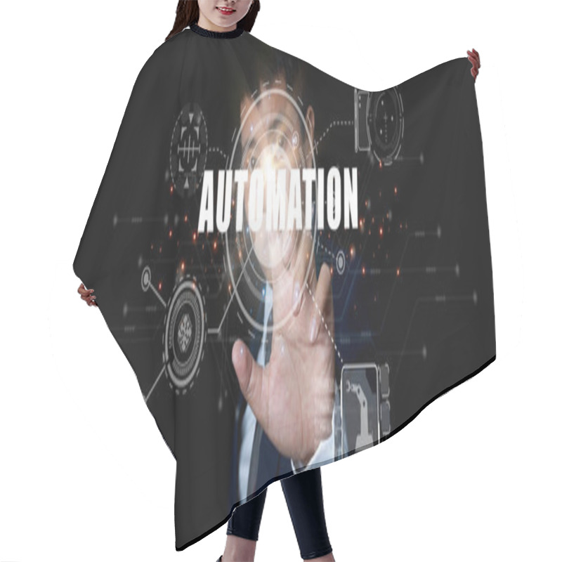 Personality  Automation Software Process System Business As An Innovation Improving Productivity, Optimization Software Process System Business. Technology, Internet And Network Concept. Hair Cutting Cape