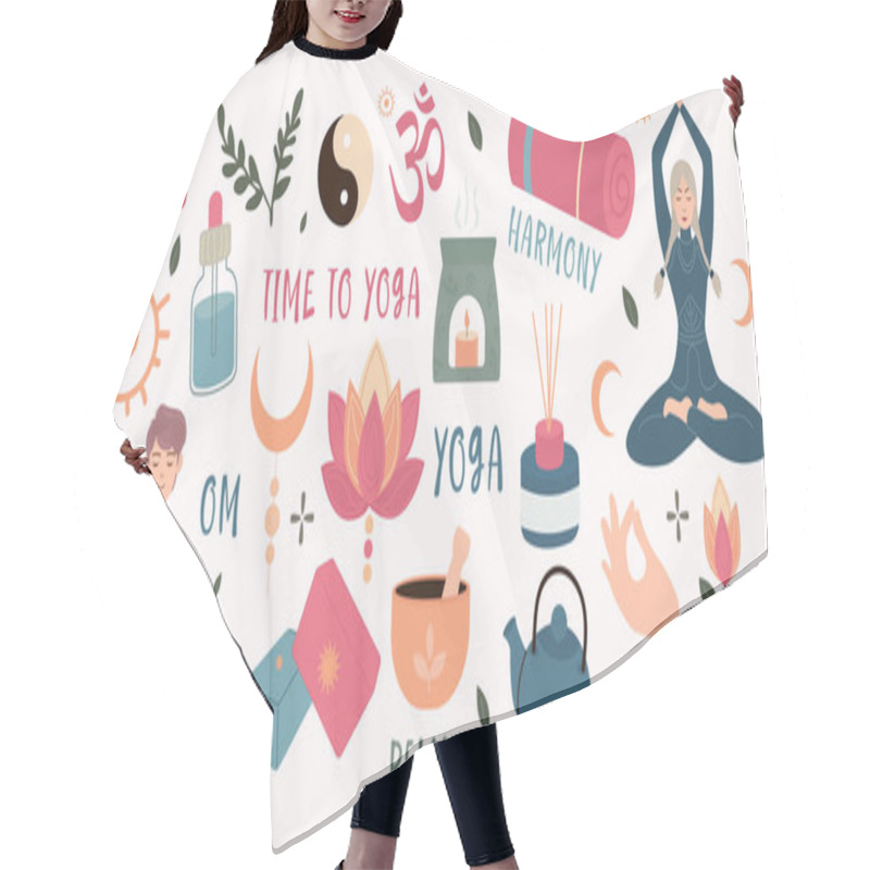 Personality  Set Of Time Yoga Elements In Flat Style Hair Cutting Cape