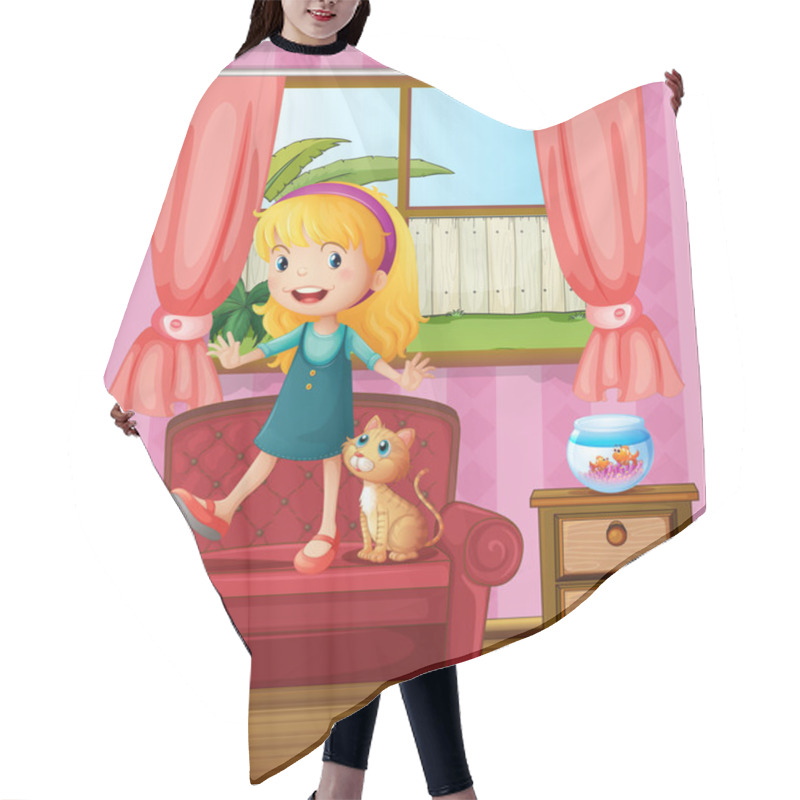 Personality  A Girl And A Cat In A Sofa Hair Cutting Cape