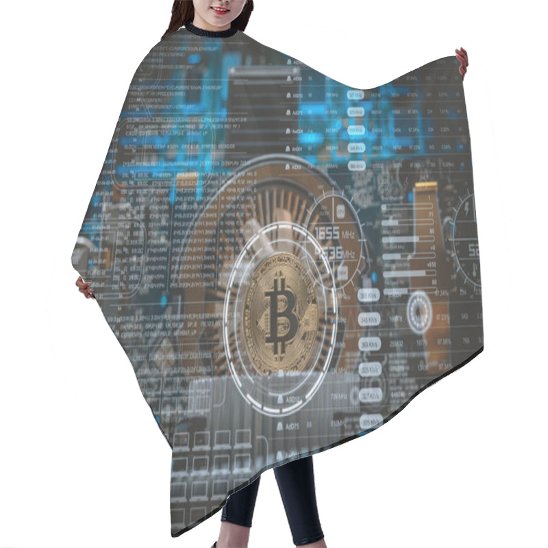 Personality  Device And Machines For Mining Cryptocurrency. Bitcoin Mining. Computer Circuit Computer Board Hair Cutting Cape