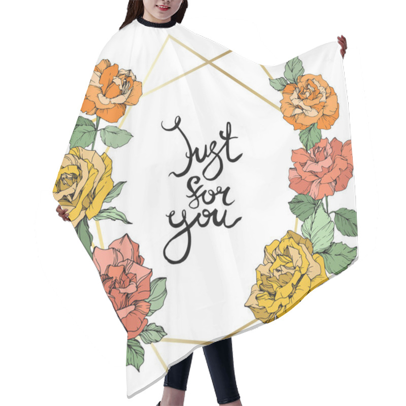 Personality  Vector. Rose Flowers And Golden Crystal Frame. Orange, Yellow And Coral Roses Engraved Ink Art. Geometric Crystal Polyhedron Shape On White Background. Just For You Handwriting Monogram Calligraphy. Hair Cutting Cape