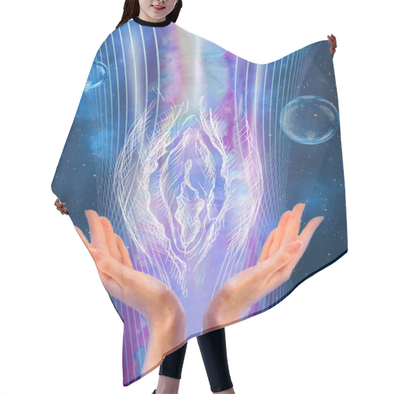 Personality  Yoni On The Background Of Outer Space In Women's Hands. Vagina Is A Symbol Of The Mother Universe. Hair Cutting Cape