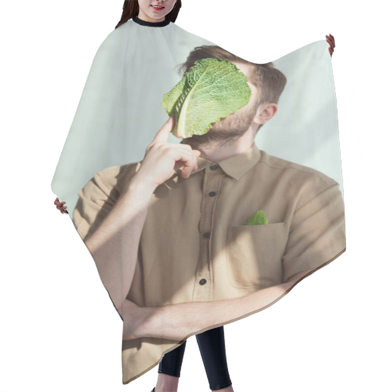 Personality  Obscured View Of Pensive Man With Savoy Cabbage Leaf On Face, Vegan Lifestyle Concept Hair Cutting Cape