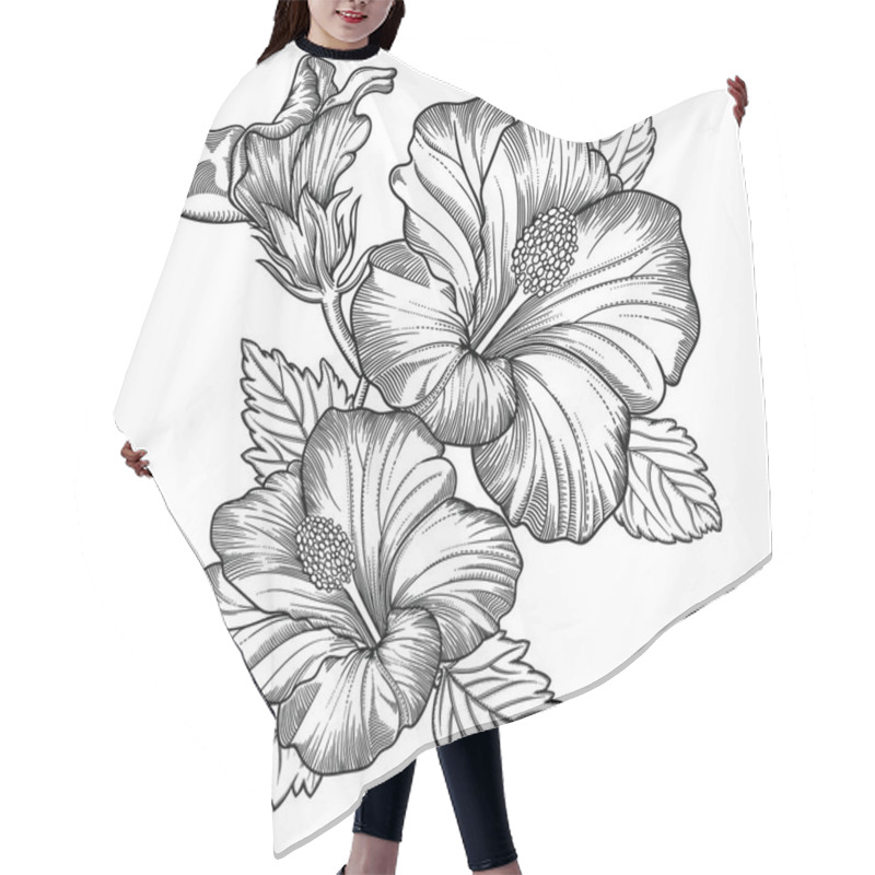 Personality  Blooming Exotic Flowers , Detailed Hand Drawn Vector Illustration. Romantic Decorative Flower Drawing In Line Art . All Sketches Objects Isolated On White Background. Vector Sketch Of Blooming Flowers Hair Cutting Cape