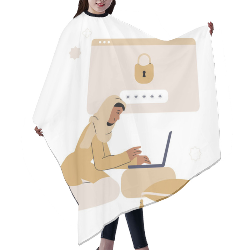 Personality  Muslim Woman In Hijab Using A Laptop To Set A Password. Large Browser Window With A Lock Icon And Password Field In The Background, Symbolizing Cybersecurity And Online Security. Hair Cutting Cape