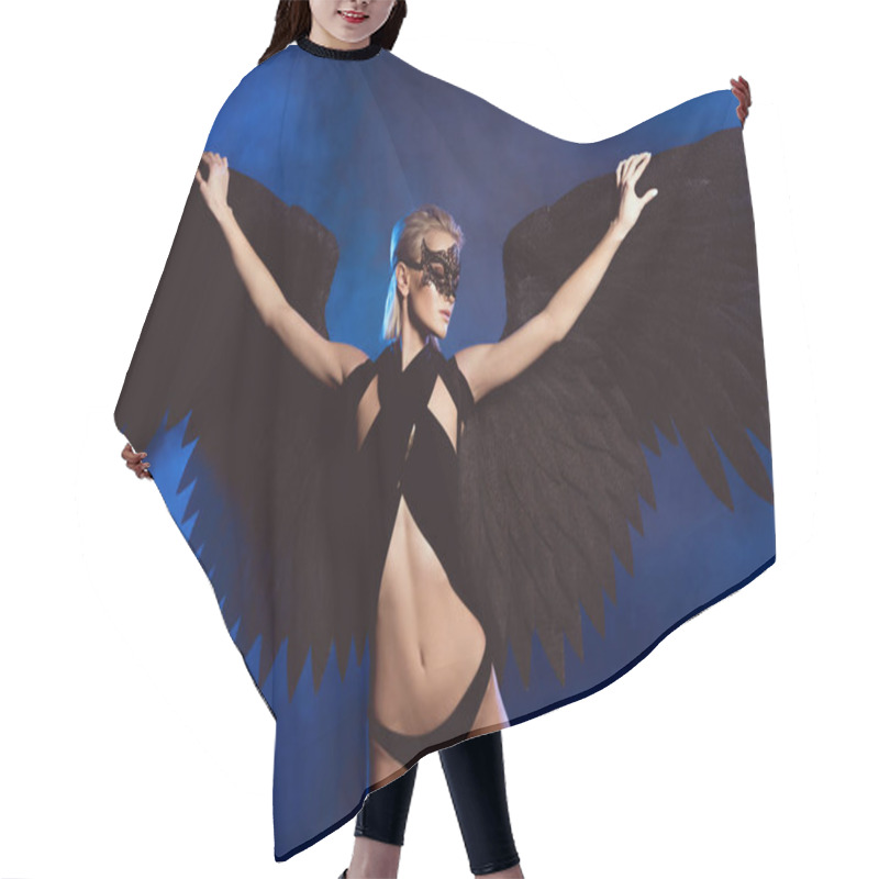 Personality  Beautiful Sexy Woman With Lace Mask And Black Angel Wings Posing On Dark Blue Background Hair Cutting Cape