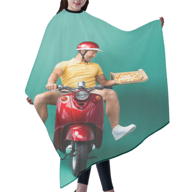 Personality  Excited Delivery Man In Helmet Riding Scooter While Holding Tasty Pizza In Box On Blue Hair Cutting Cape