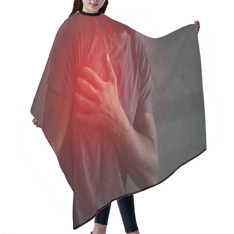 Personality  Cropped View Of Man Having Heart Attack With Red Painful Point Hair Cutting Cape