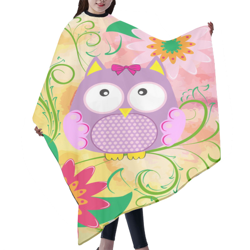 Personality  Vector Illustration With Owl And Flowers Hair Cutting Cape