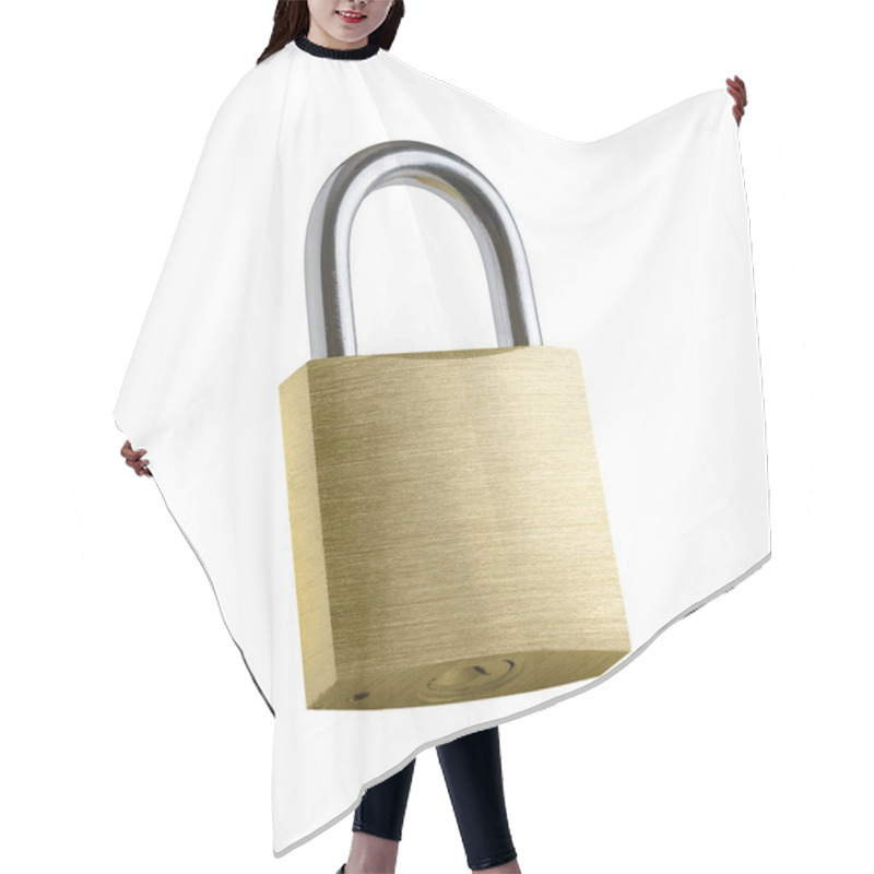 Personality  Locked Golden Padlock On A White Background. Hair Cutting Cape