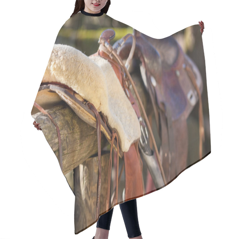 Personality  Close-up Of A Horse Saddle On Top Of A Fence Hair Cutting Cape