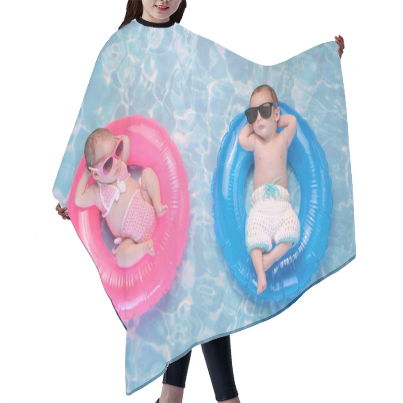 Personality  Baby Twin Boy And Girl Floating On Swim Rings Hair Cutting Cape