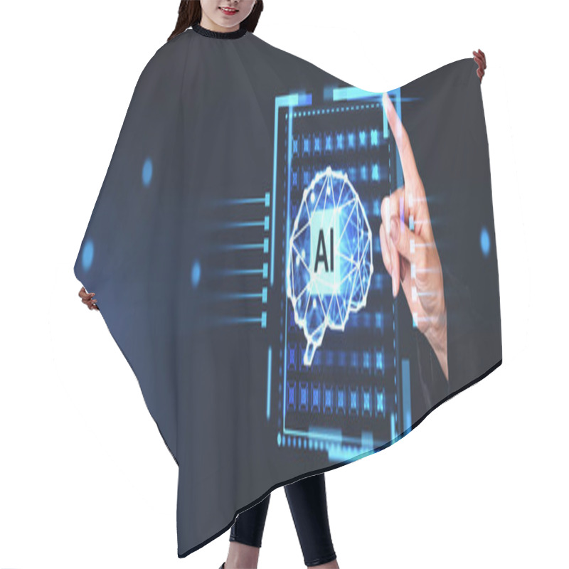 Personality  Hand Of Businessman Using Immersive AI Artificial Intelligence Brain Interface Over Dark Blue Background. Concept Of Machine Learning Hair Cutting Cape