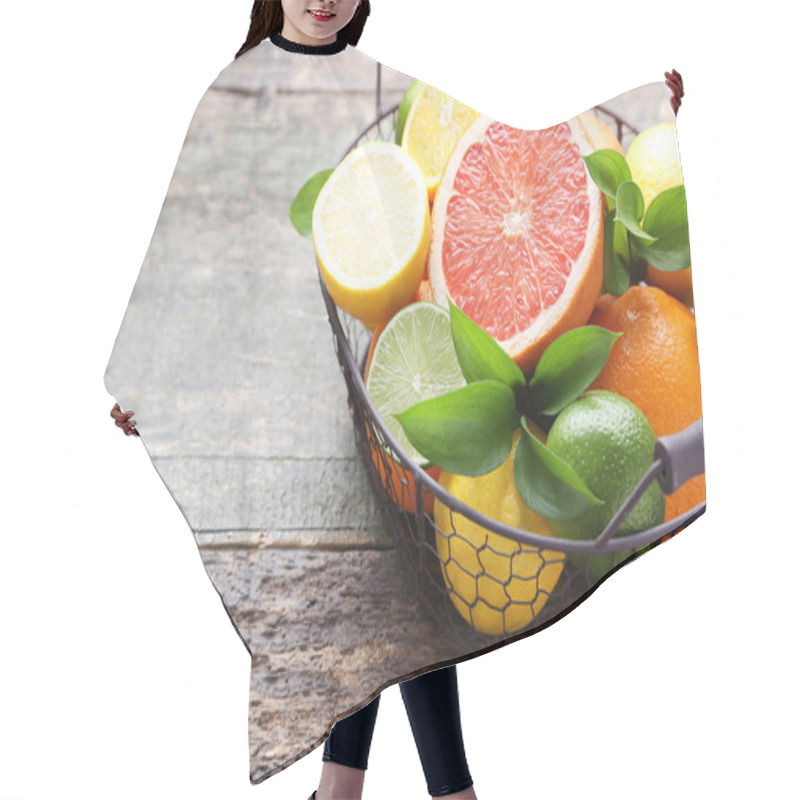 Personality  Citrus Fruits With Green Leafs In Basket On Wooden Table Hair Cutting Cape