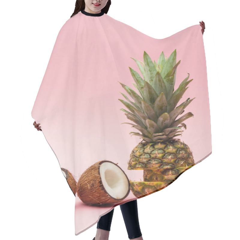 Personality  Cut Ripe Pineapple And Fresh Coconut Halves On Pink Background Hair Cutting Cape