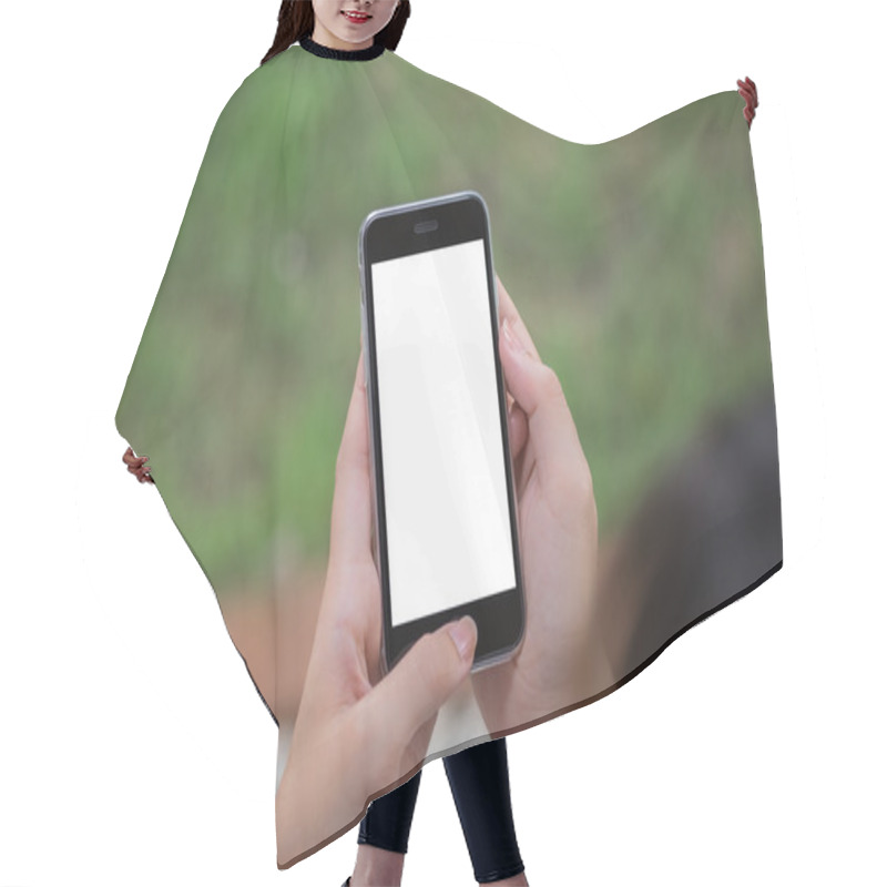 Personality  Close Up Of A Woman Using Smart Phone With Blank Mobile And Cup Of Coffee .Smart Phone With Blank Screen And Can Be Add Your Texts Or Others On Smart Phone. Hair Cutting Cape