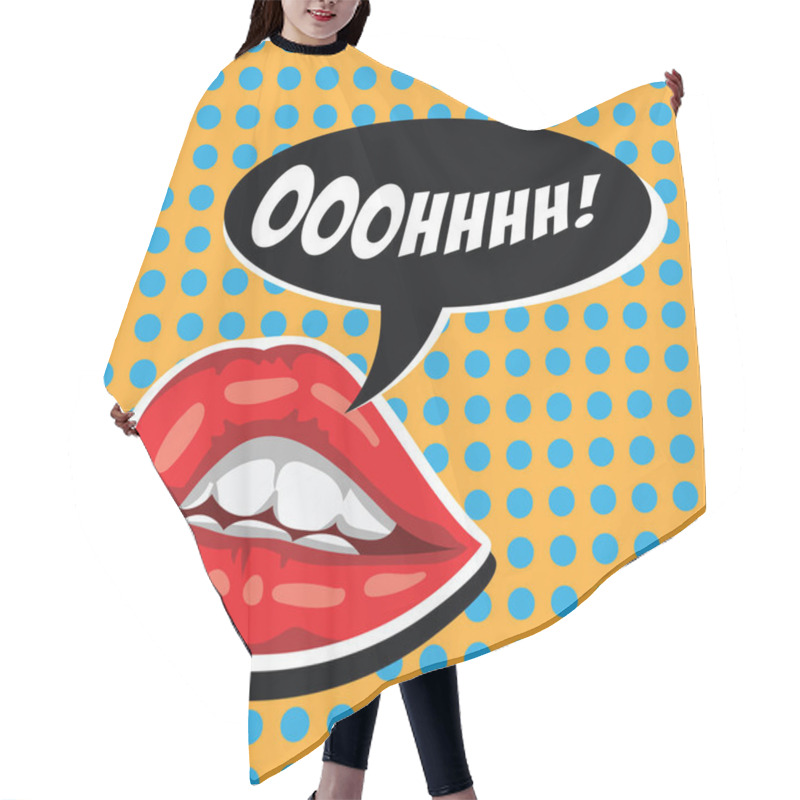 Personality  Woman Red Lips And Comic Speech Bubble. Female Mouth With Speech Bubble. Attractive Girl Lips And Open Mouth. American Comics. Cartoon Comic Vector Illustration In Pop Art Retro Style. Hair Cutting Cape