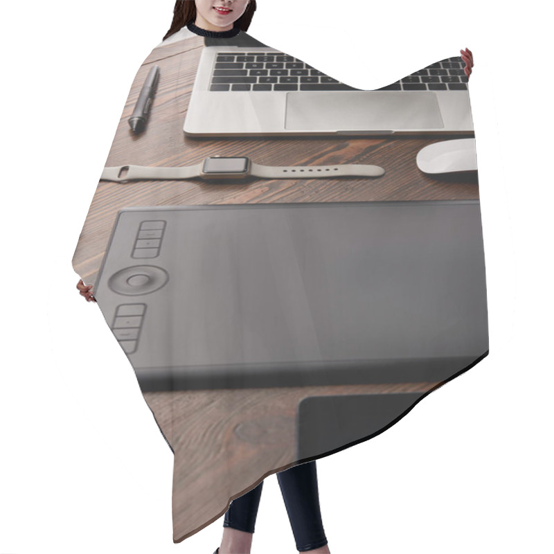 Personality  Close-up Shot Of Professional Graphics Tablet With Various Gadgets On Wooden Table Hair Cutting Cape