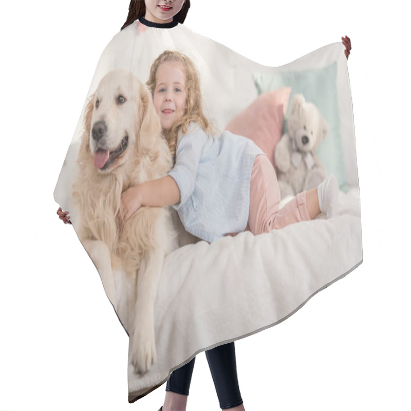 Personality  Adorable Happy Kid And Golden Retriever Lying On Bed In Children Room Hair Cutting Cape