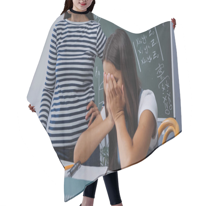 Personality  Mother Standing Near Crying Daughter Covering Face While Doing Homework Hair Cutting Cape