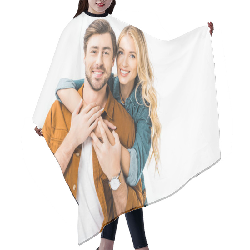 Personality  Portrait Of Cheerful Couple Embracing Each Other Isolated On White  Hair Cutting Cape