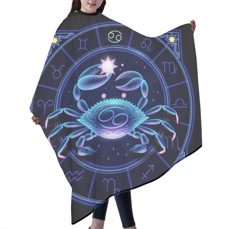 Personality  Cancer Zodiac Sign Represented By A Crab Raising Its Chela. Neon Horoscope Symbol In Circle With Other Astrology Signs Sets Around. Hair Cutting Cape