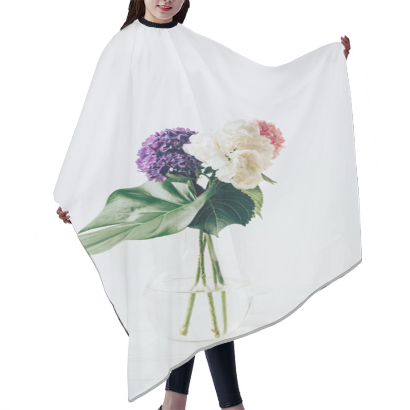 Personality  Bouquet Of Blooming Hortensia Flowers And Monstera Leaf In Vase, On White Hair Cutting Cape