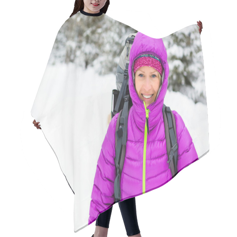 Personality  Happy Woman Walking In Winter Forest With Backpack Hair Cutting Cape