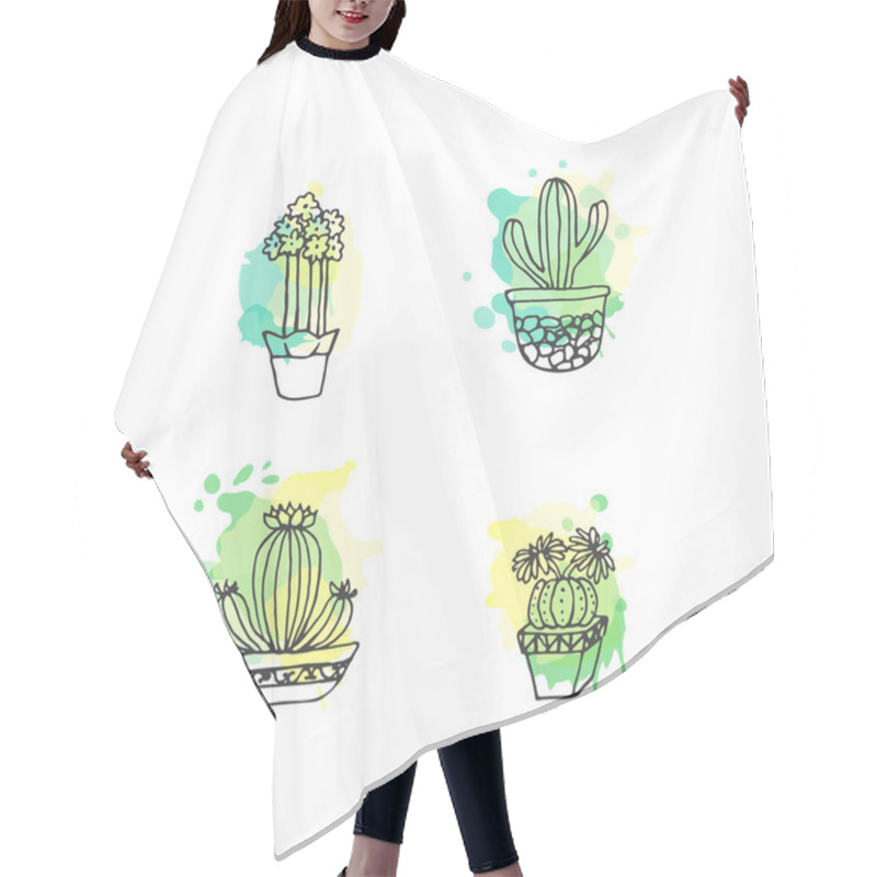 Personality  Succulent Illustration. Vector Cactus Hand Drawn Set With Paint Splashes. Cacti And In Door Plants In Pots. Hair Cutting Cape