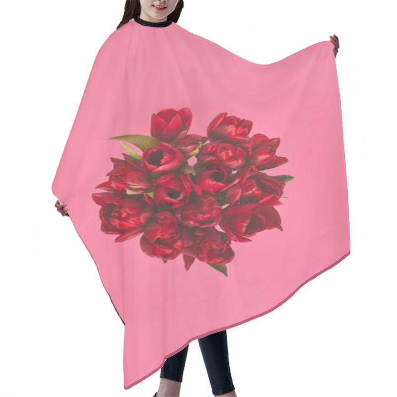 Personality  Top View Of Red Tulips On Pink, Mothers Day Concept Hair Cutting Cape