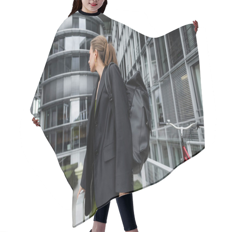 Personality  Side View Of Stylish Fair Haired Woman In Black Jacket And Backpack Standing Near Bicycle  Hair Cutting Cape