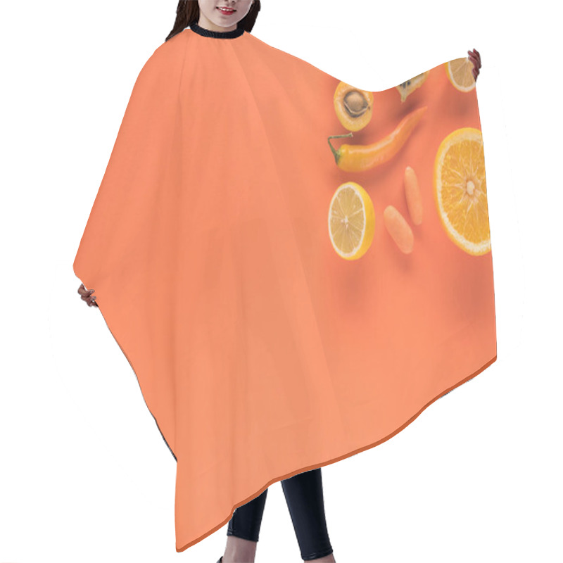 Personality  Top View Of Yellow Fruits And Vegetables On Orange Background With Copy Space Hair Cutting Cape