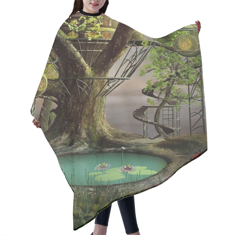 Personality  Tree House By A Green Pond  3D Illustration Hair Cutting Cape