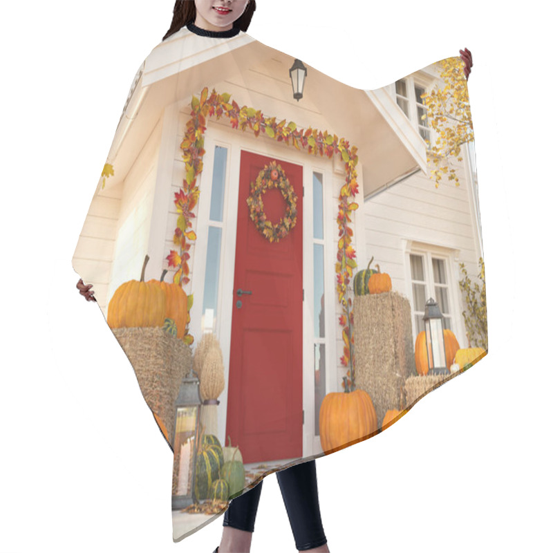 Personality  Autumn Decorated House With Pumpkins And Hay. 3d Rendering Hair Cutting Cape