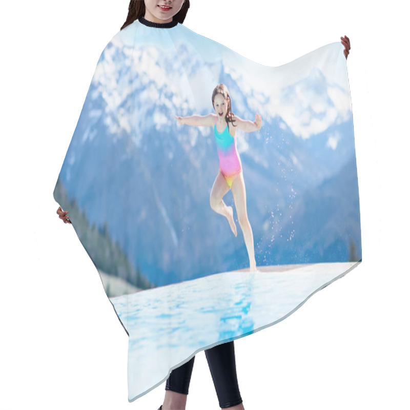 Personality  Child In Outdoor Swimming Pool Of Alpine Resort Hair Cutting Cape