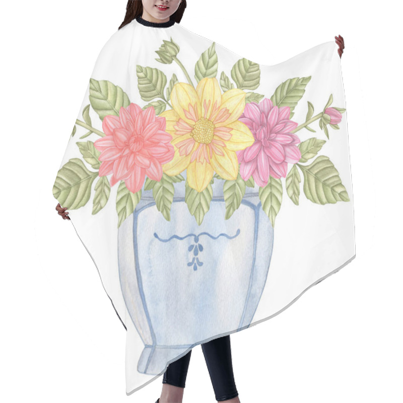 Personality  Watercolor Bouquet Of Dahlia Flowers And Leaves In Blue Ctramic Vase Isolated On A White Background. Hair Cutting Cape